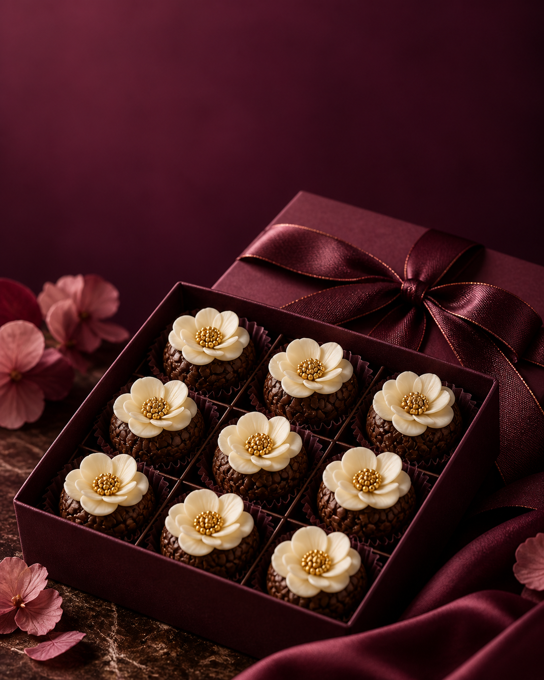 Brigadeiros Florais em caixa com laço vinho